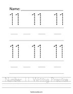 Number 11 Writing Practice Handwriting Sheet