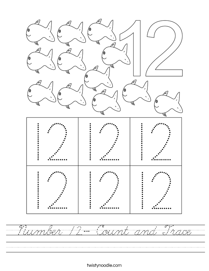 Number 12- Count and Trace Worksheet - Cursive - Twisty Noodle
