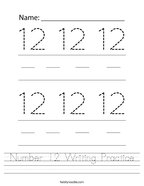 Number 12 Writing Practice Handwriting Sheet