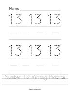 Number 13 Writing Practice Handwriting Sheet