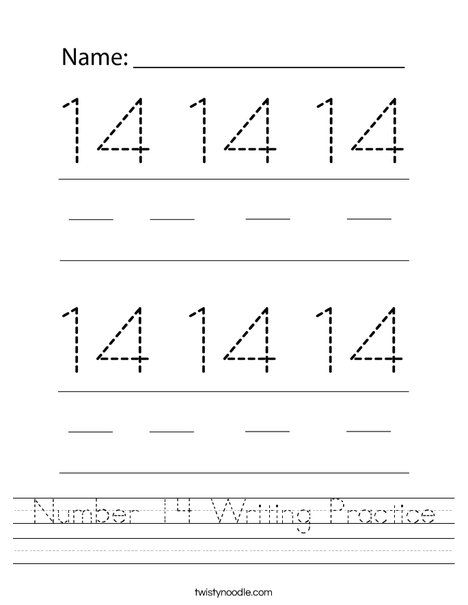 Number 14 Writing Practice Worksheet