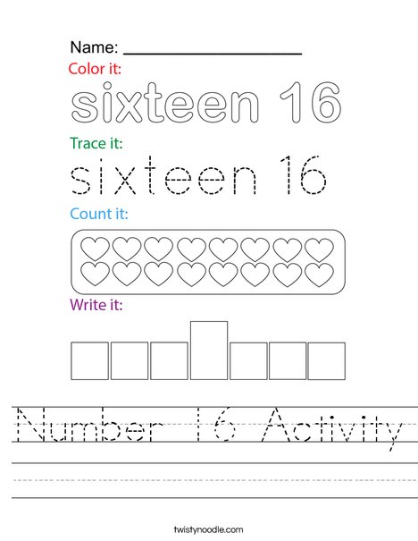 Number 16 Activity Worksheet - Twisty Noodle