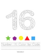 Number 16 Color by Code Handwriting Sheet