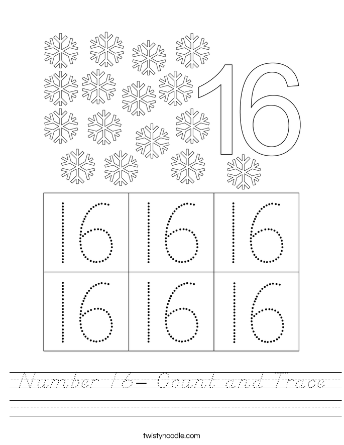 Number 16- Count and Trace Worksheet - D'Nealian - Twisty Noodle