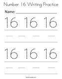 Number 16 Writing Practice Coloring Page