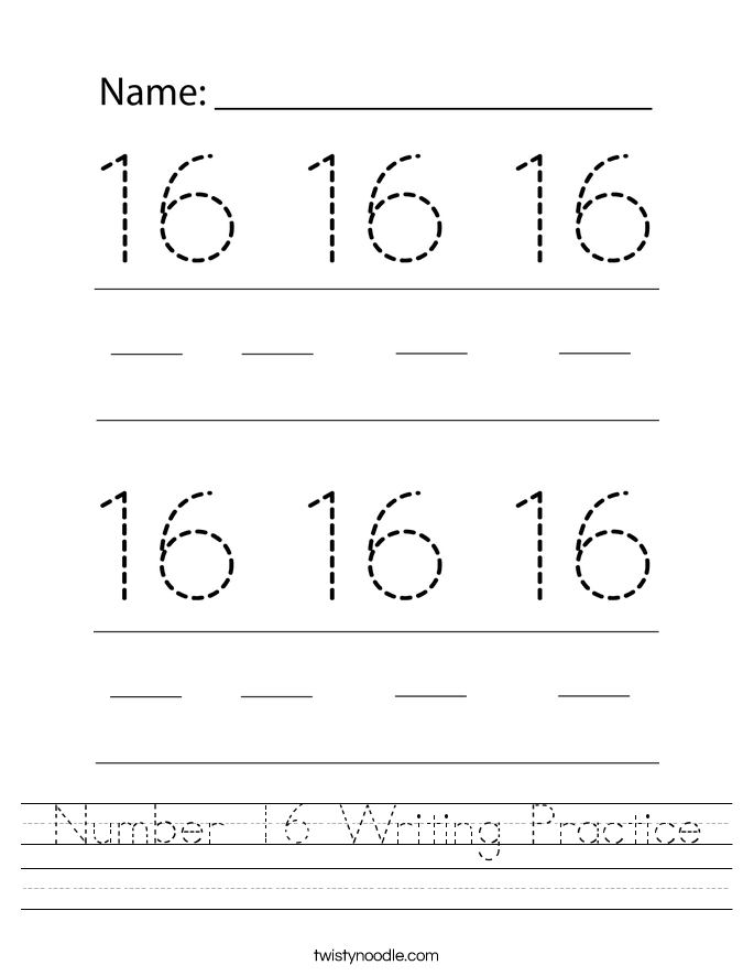 Number 16 Writing Practice Worksheet