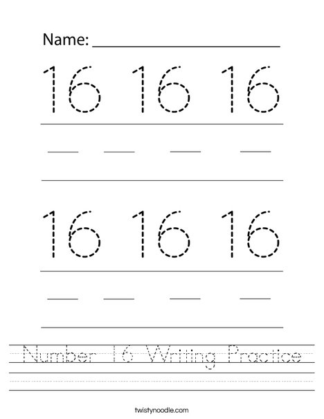 Number 16 Writing Practice Worksheet