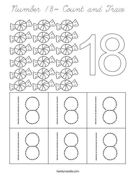 Number 18- Count and Trace Coloring Page
