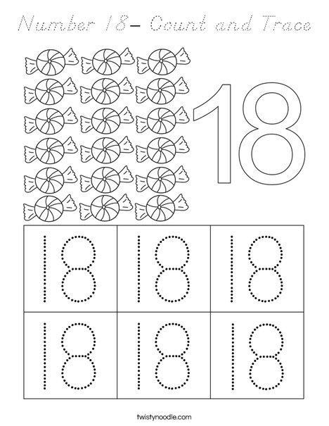 number 18 count and trace coloring page dnealian