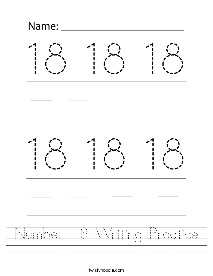 Number 18 Writing Practice Worksheet