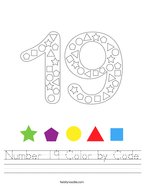 Number 19 Color by Code Handwriting Sheet