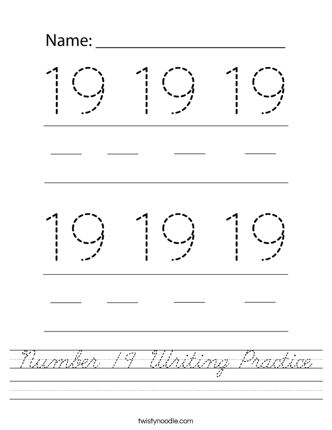 Number 19 Writing Practice Worksheet