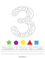 Number 3 Color by Code Handwriting Sheet