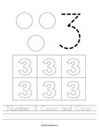 Number 3 Count and Color Handwriting Sheet
