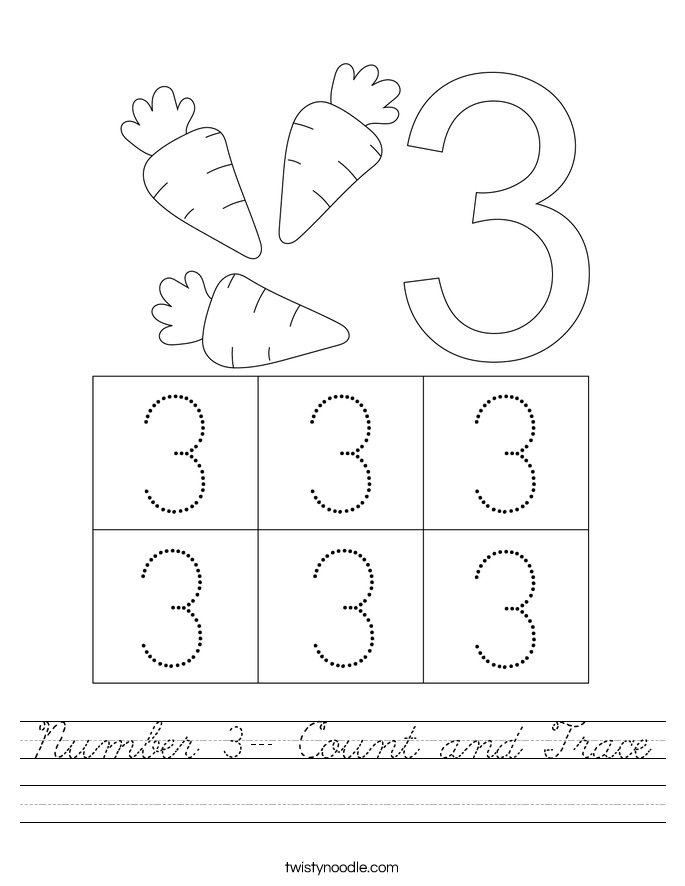 Number 3- Count and Trace Worksheet - Cursive - Twisty Noodle