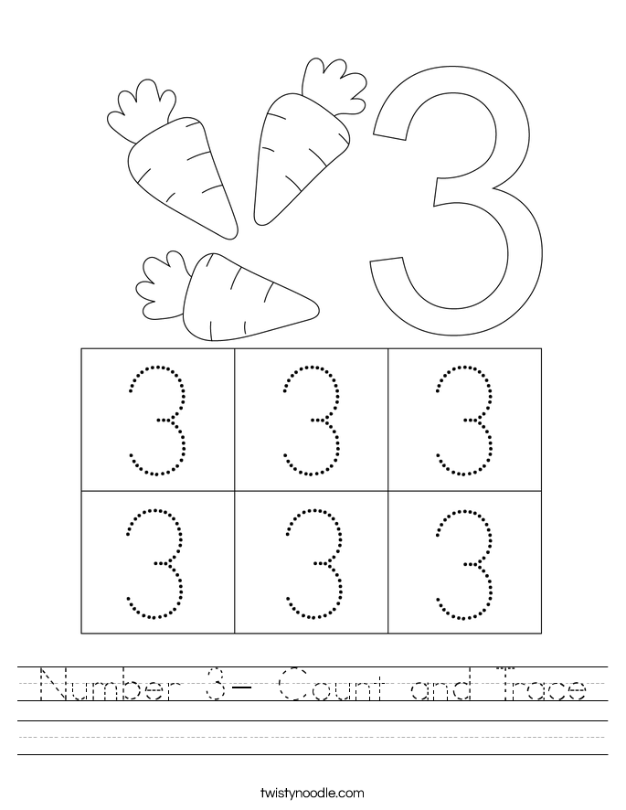 Number 3 Count And Trace Worksheet Twisty Noodle