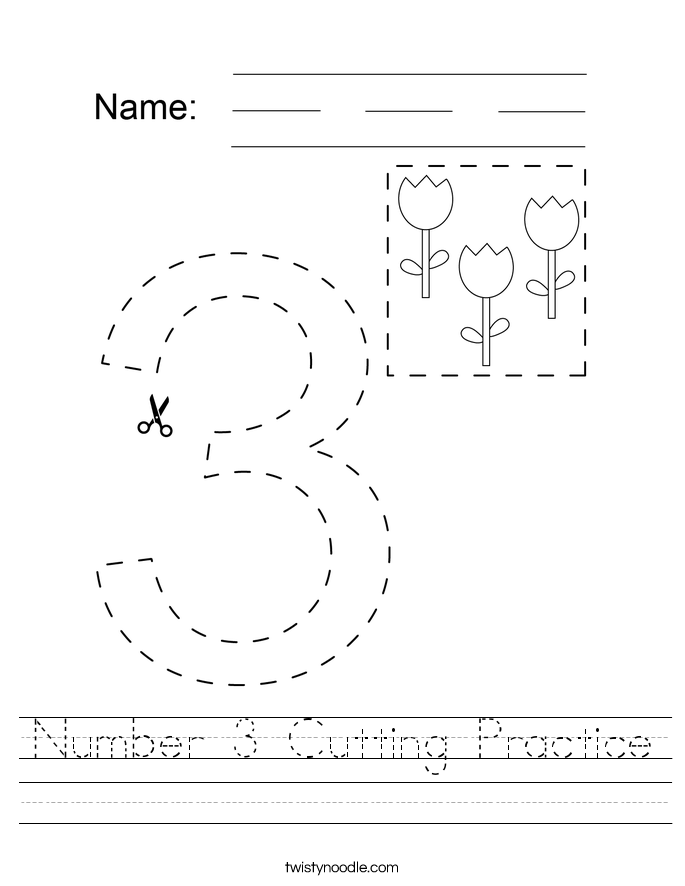 number 3 cutting practice worksheet twisty noodle