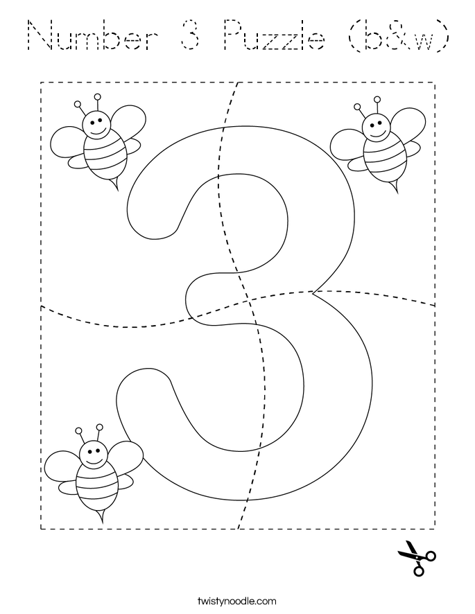 Number 3 Puzzle (b&w) Coloring Page