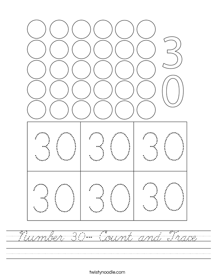 number 30 count and trace worksheet cursive twisty noodle