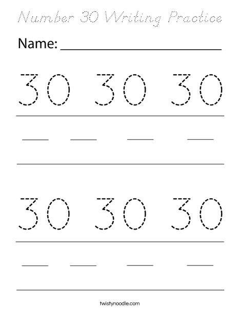 Number 30 Writing Practice Coloring Page