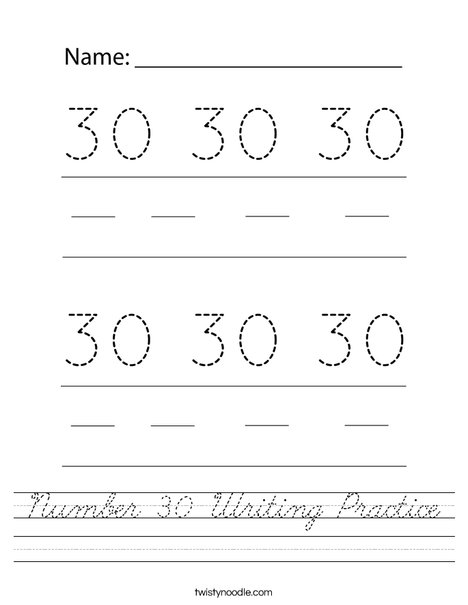 Number 30 Writing Practice Worksheet