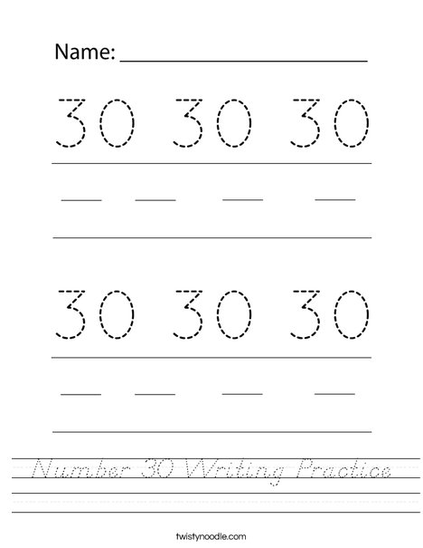 Number 30 Writing Practice Worksheet