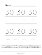 Number 30 Writing Practice Handwriting Sheet