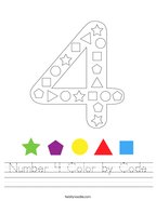 Number 4 Color by Code Handwriting Sheet