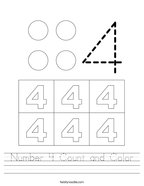 Number 4 Count and Color Handwriting Sheet