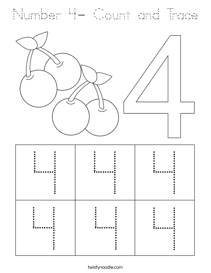 Number 4 Count And Trace Coloring Page Tracing Twisty Noodle