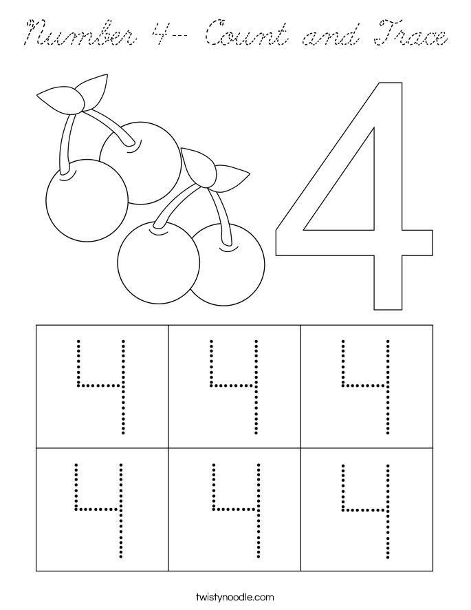 Number 4- Count and Trace Coloring Page - Cursive - Twisty Noodle