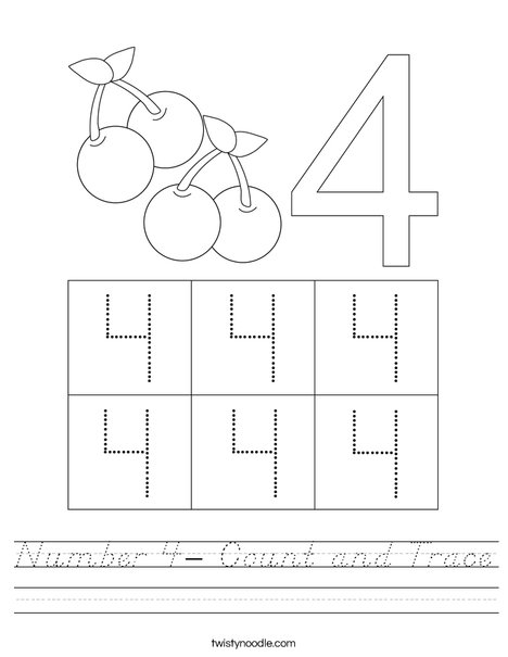 Number 4- Count and Trace Worksheet - D'Nealian - Twisty Noodle