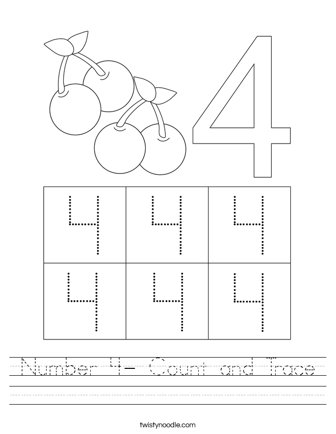 Number 4 Count And Trace Worksheet Twisty Noodle