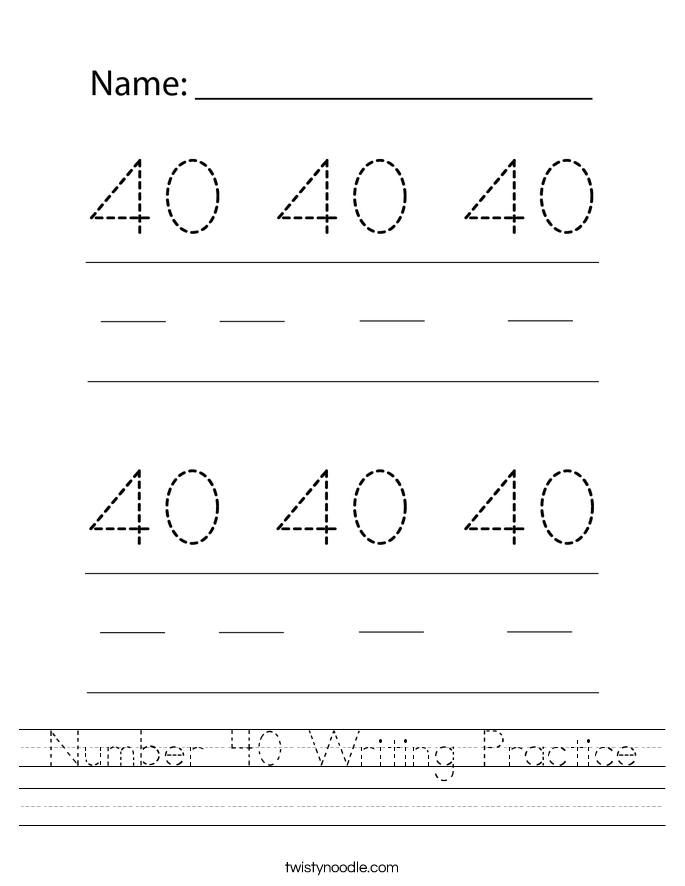 Number 40 Writing Practice Worksheet