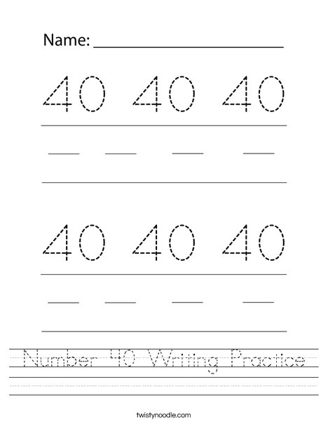 Number 40 Writing Practice Worksheet