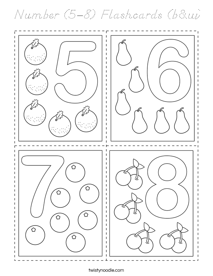 Number (5-8) Flashcards (b&w) Coloring Page