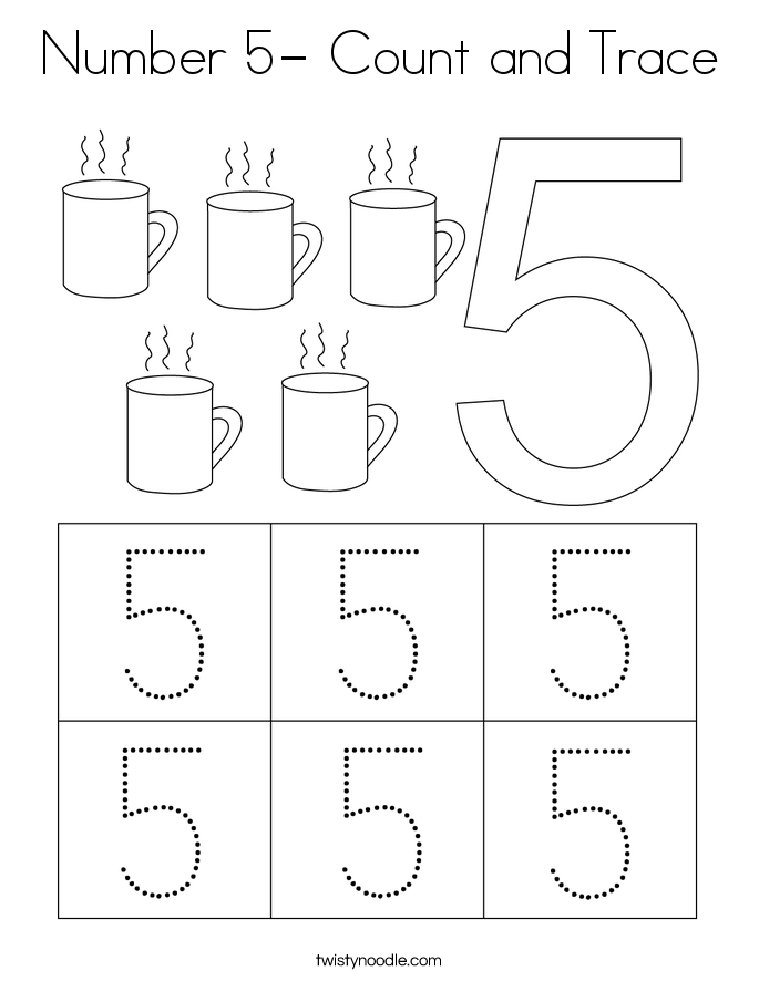 Number 5- Count and Trace Coloring Page