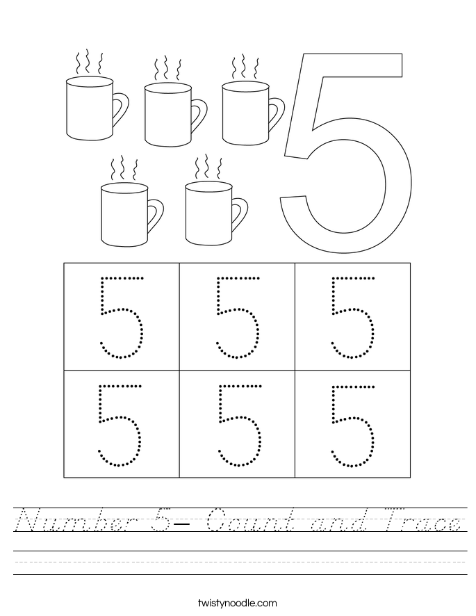 Number 5 Count And Trace Worksheet D Nealian Twisty Noodle