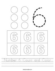 Number 6 Count and Color Handwriting Sheet