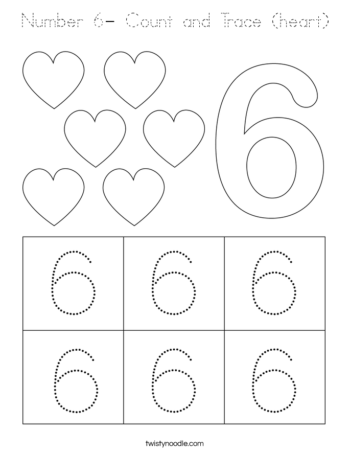 Number 6- Count and Trace (heart) Coloring Page