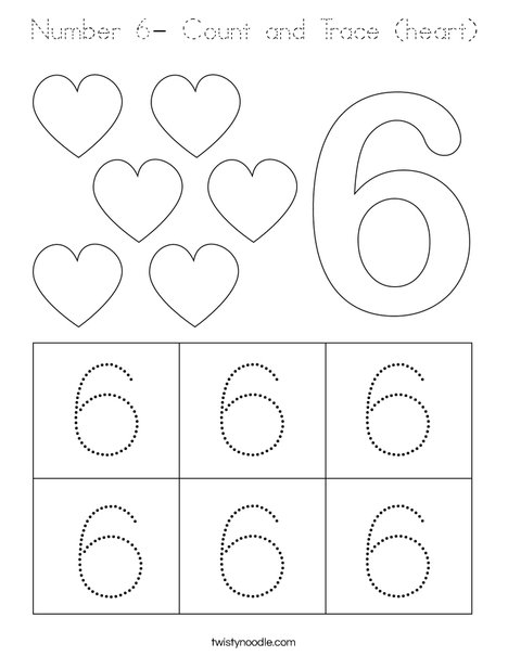 Number 6- Count and Trace (heart) Coloring Page