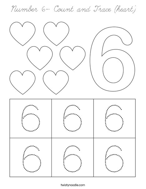 Number 6- Count and Trace (heart) Coloring Page