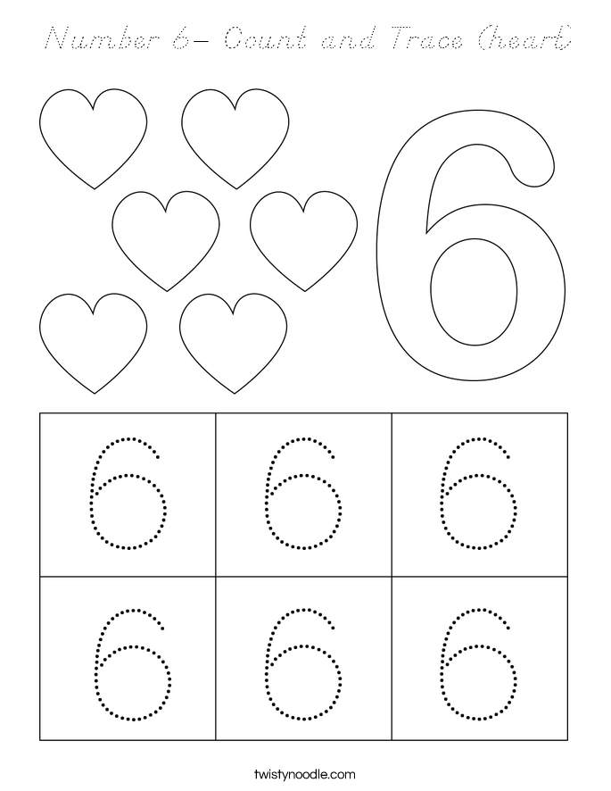 Number 6- Count and Trace (heart) Coloring Page