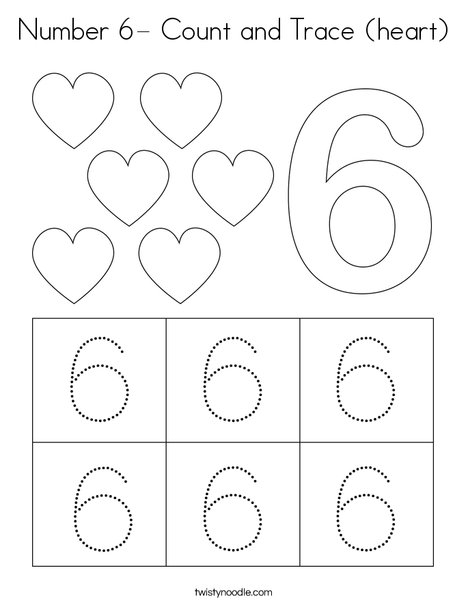 Number 6- Count and Trace (heart) Coloring Page