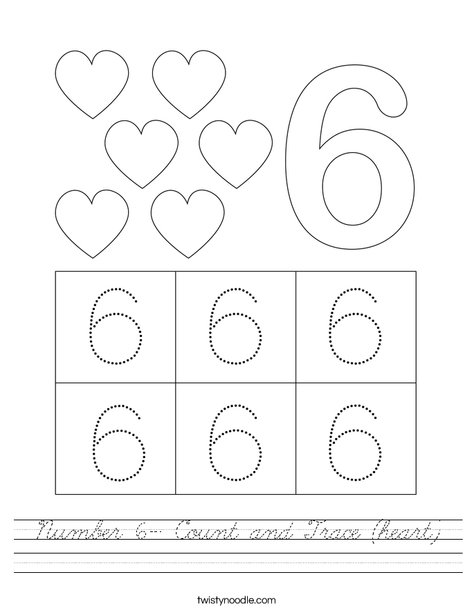 Number 6- Count and Trace (heart) Worksheet