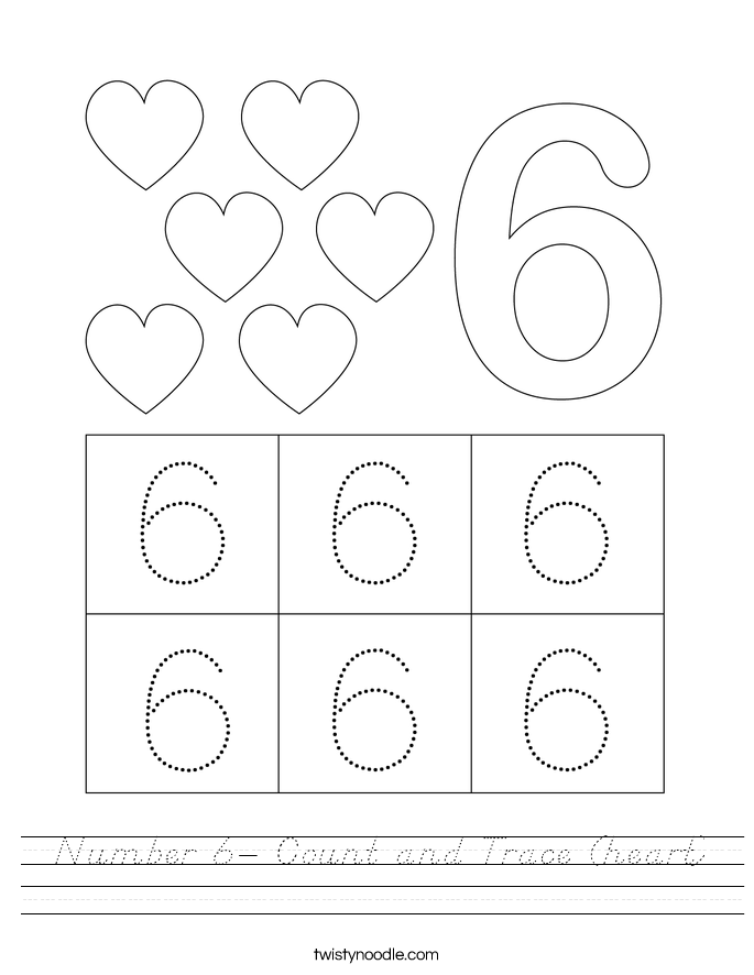 Number 6- Count and Trace (heart) Worksheet