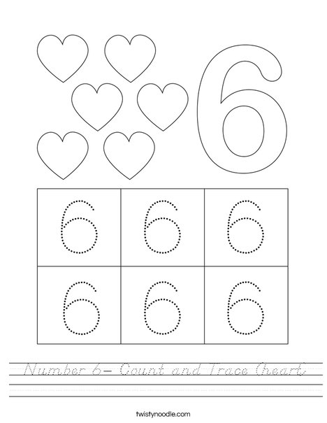 Number 6- Count and Trace (heart) Worksheet