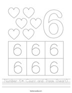 Number 6- Count and Trace (heart) Handwriting Sheet