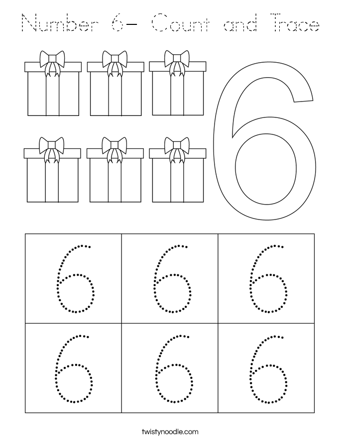 Number 6- Count and Trace Coloring Page - Tracing - Twisty Noodle