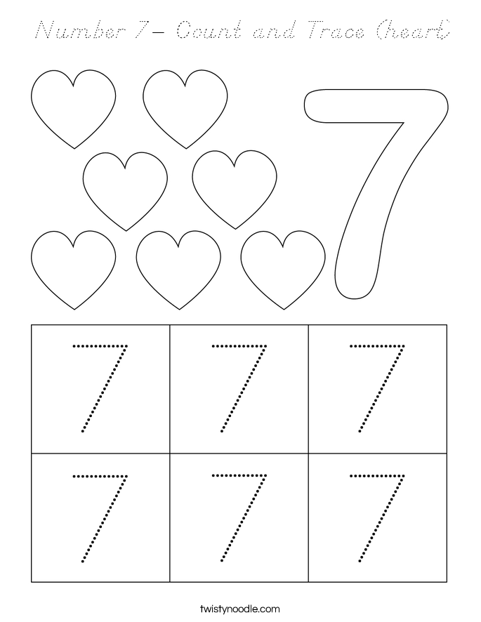 Number 7- Count and Trace (heart) Coloring Page